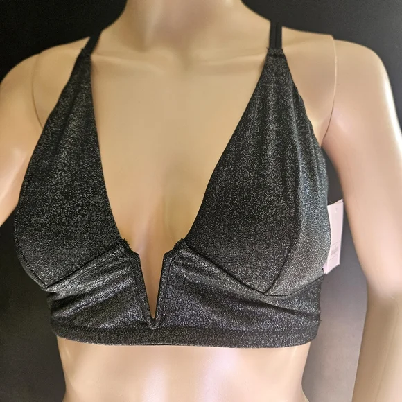 NWT Auden Unlined V-neck Strappy Criss Cross Back Bralette L Sparkly Black - Picture 3 of 5